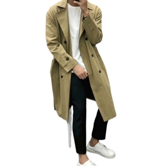 NWT Mens trench coat long Sz M/L korean overcoat beige Brown casual windbreaker - Picture 7 of 7
